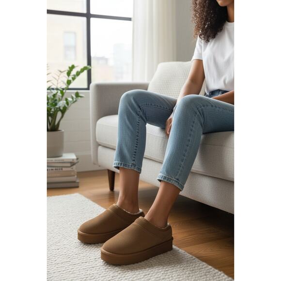 American Eagle NWT Tan Faux Suede Fleece Lined Platform Slippers Size 8 - Picture 2 of 8